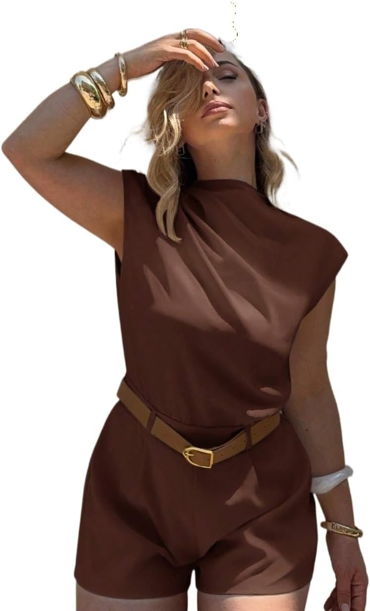 Rompers for Women Summer HIGH NECK SOLID POCKET JUMPSUIT WITH BELT