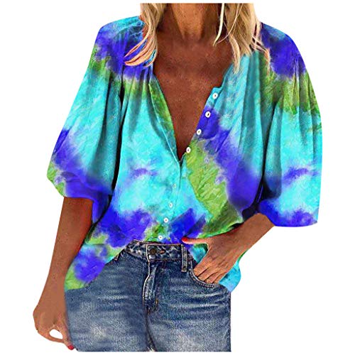 YAnGSale Top Tie-dye Print Shirt Fashion Women's Blouse Loose Buttons Polo Shirts Half Sleeve T-Shirt Casual Pullover (Blue, XXL)