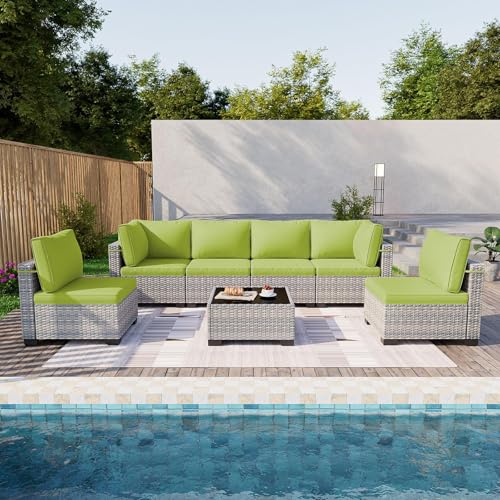 Image of 7-Piece Patio Furniture Set, Outdoor Sectional with Thick Cushions, Modular Patio Sofa, Dual-Strand Wicker Rattan, Rust-Resistant Frame, Backyard Furniture for Garden, Deck, Grass Green