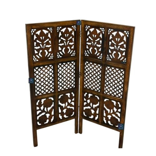 Image of Wooden Room Partition Screen with Burnt Wood Finish | Hand Buffed Traditional Handicraft Room Divider | 6 Ft Height Indoor Room Separator (2 Panel 4 Feet)