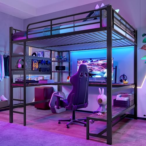 Etagenbett Hochbett 140x200 cm mit LED Leiste&USB Steckdose, Kinderbett Metallbett mit Schreibtisch&&mehrere Regalen&Lochbrett, Doppelbett Bettgestell...