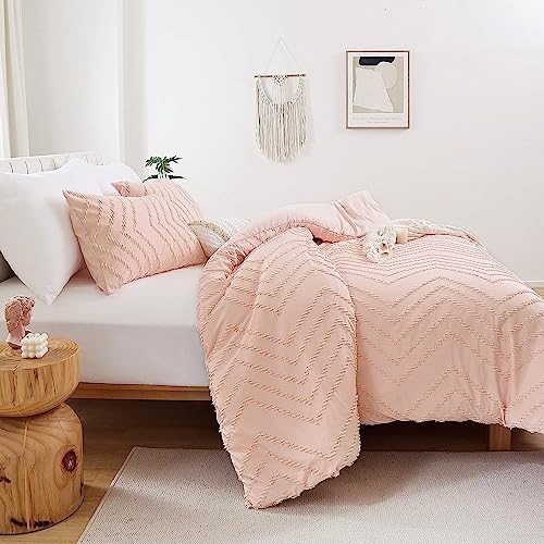 Yirddeo Pink Comforter Queen Size 3Pcs, Boho Chevron Comforter Set Queen Blush Farmhouse Bedding Sets Queen, Vertical Tufted Comforter, Lightweight Neutral Boho Bed Set (1 Comforter, 2 Pillowcases) #TOP4