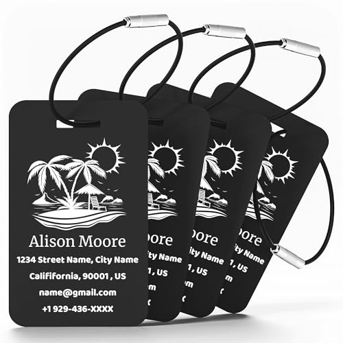 4 PCS Personalized Luggage Tags for Suitcases, Custom Aluminum Luggage Tags for Bags and Backpacks, Waterproof & Heavy Duty Personalized Metal Name Tags for Travel (Black)