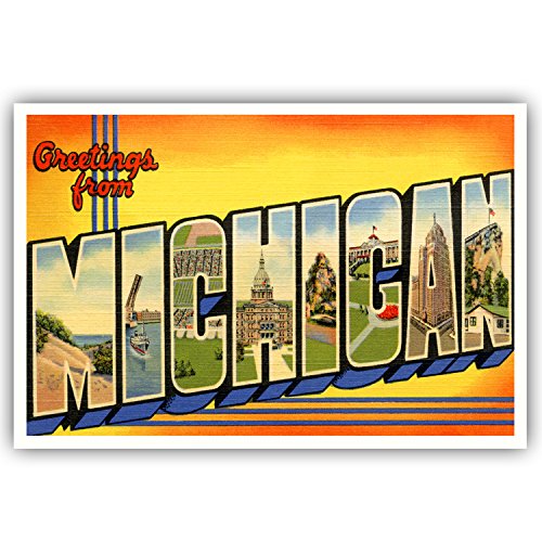 GREETINGS FROM MICHIGAN vintage reprint postcard set of 20 identical postcards. Large letter US state name post card pack (ca. 1930's-1940's). Made in