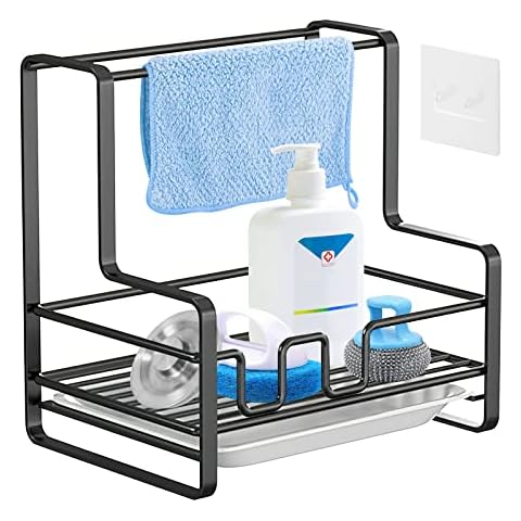 OSTWOLKE Sink Organiser, Sink Organiser, Washing Organiser with Drip Tray and Tea Towel Shelf for Sponge, Brushes, Soap Dispenser, Black (19 x 18 x 12 cm) Cover