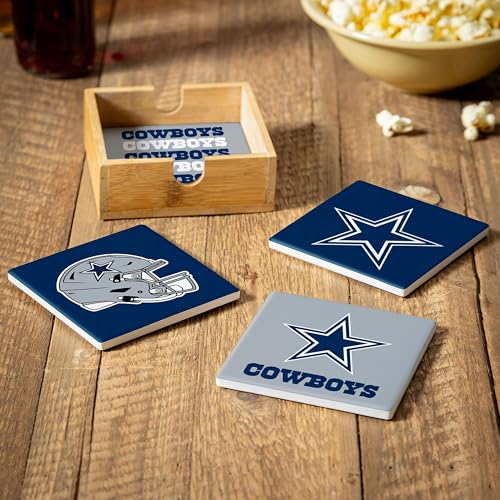NFL Dallas Cowboys Coasters Gift Set with Wood Caddy, 4pcs Ceramic Stone Drink Coasters with Wooden Holder, Football Tabletop Décor for Home, Bar, Man Cave, Holiday for Men Women