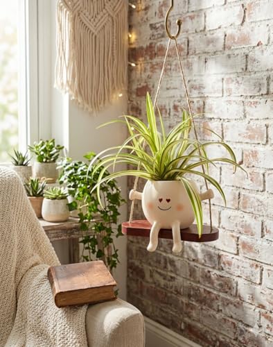 Image of Hanging Planter Pot with Swing, Cute Smiling Face Design | Heart Eyes, Decorative, Indoor & Outdoor Plant Holder