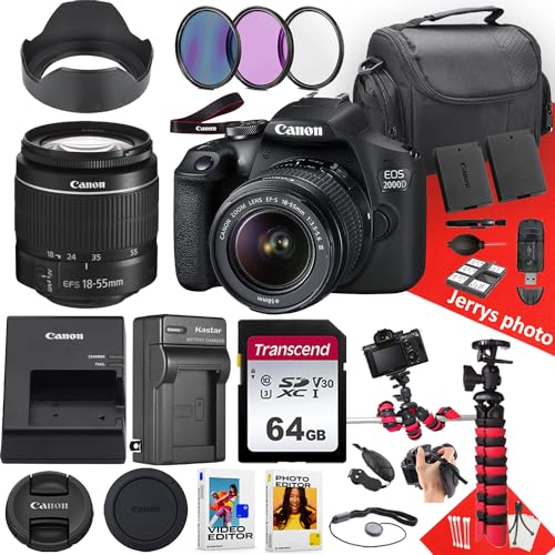 Canon EOS 2000D / Rebel T7 DSLR Camera with Canon EF-S 18-55mm F/3.5-5.6 DC III Zoom Lens + 64 GB Memory + Hood + Extra Battery + Battery Charger + Filters + More (27pc Bundle) (Renewed)