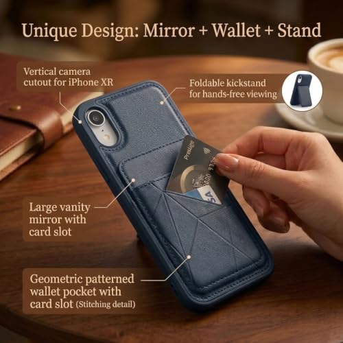 Image of amazon basics Premium Vegan Leather Back Cover with Card Holder and Integrated Mobile Stand for iPhone XR - Slim Shockproof Wallet Case with Geometric Stitching [Blue]