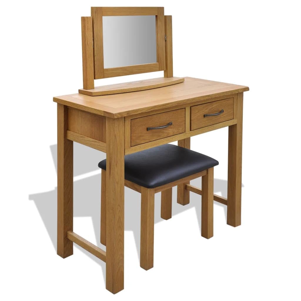 Tocador de madera maciza de roble con taburete y espejo, tocador de maquillaje, mesa de maquillaje, mesa con cajón, espacio de almacenamiento, para dormitorio, vestidor, mujer, niña