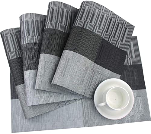 Image of YELONA Placemats for Dining Table - Heat Resistant & Washable PVC Vinyl Table Mats, Non-Slip, Stain Resistant Woven Kitchen Mats, Set of 8, 45cm x 30cm (Black & Light Grey)