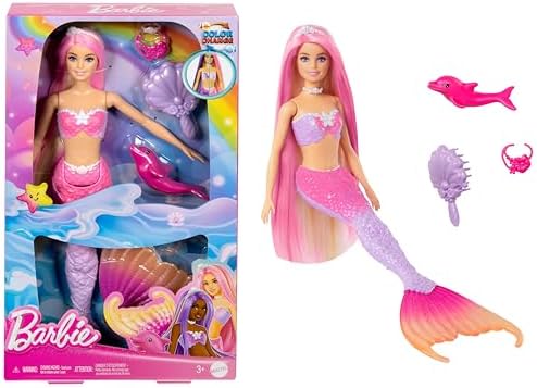 Barbie Meerjungfrau-Puppe, Malibu mit rosa Haaren und zahmem Delfin | Styling-Zubehör, zahmer Delfin und wasseraktivierte Farbwechsel-Funktion, HRP97