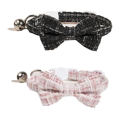 Bnibol 2-Pack Breakaway Cat Collars with Removable Bow Tie and Bell for Boy and Girl Cats,Safety Kitten Collars Suitable for Festivals and Daily. (Black/Pink) Cover