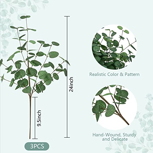 Bleum Cade 3Pcs 24" Tall Artificial Eucalyptus Stems With Leaves, Faux Eucalyptus Greenery Stems, Fake Silver Dollar Eucalyptus Plant For Vase Flower Arrangement Wedding Bouquets Room Decor #TOP1