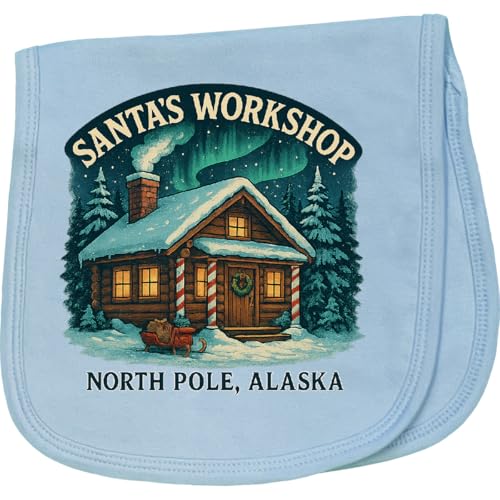 inktastic Santa's Workshop North Pole Alaska Christmas Cabin Baby Burp Cloth Light Blue 45c98