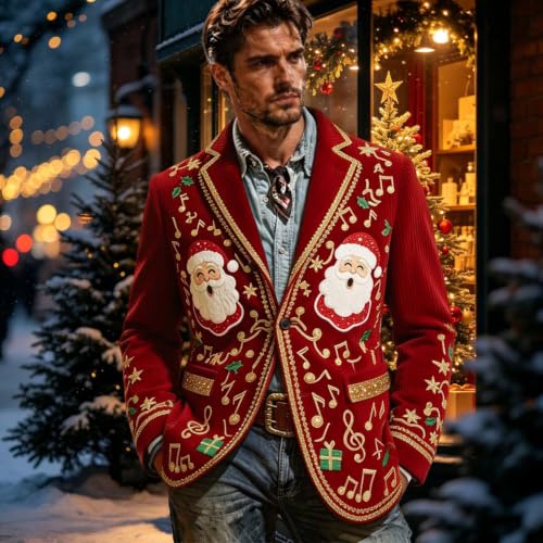 Men Christmas Santa Embroidery Blazer Corduroy Notched Lapel Suit Jacket - image 8