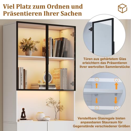 Merax LED Glasvitrine 200 cm Hoch – Moderne Standvitrine mit Glastüren & Aluminiumrahmen, Vitrinenschrank mit verstellbaren Regalen, Multifunktionsschrank für Wohnzimmer, Weiß 80×30×200 cm