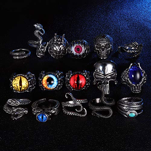 Fibo Steel 16 Pieces Vintage Punk Rings For Men Women Gothic Rings Silver Black Dragon Snake Claw Skull Octopus Eyes Of Hell Open Adjustable Rings Set #TOP5