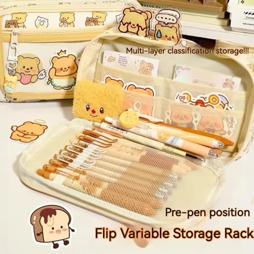Image of Butter Bear Pencil Case with 9 Layers - ITA Flip-Top Large Capacity Multi-Function Organizer Includes Bonus Items (Beige)