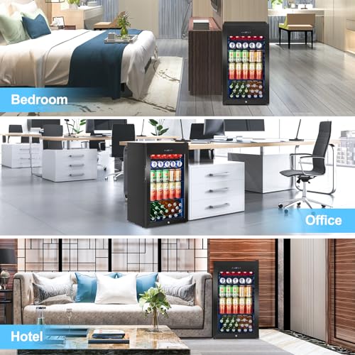 Image of Beverage Refrigerator 126 Can, Mini Beverage Fridge Small Beverage Cooler with Glass Door Safety Lock, Drink Fridge for Beer Soda Wine, Perfect for Dorm Office Hotel