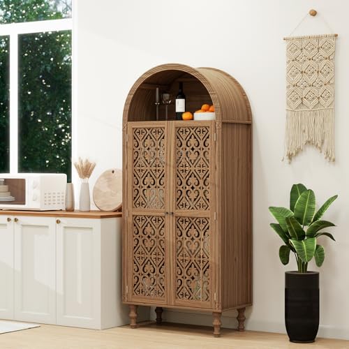 Image of Arched Kitchen Pantry Cabinet,71 inch Tall Mid-Century Modern Arched Bookcase Vintage Storage Cabinet with Geometric Door and Adjustable Shelves,Bohemian Cupboard for Living Room,Kitchen,Set of 2