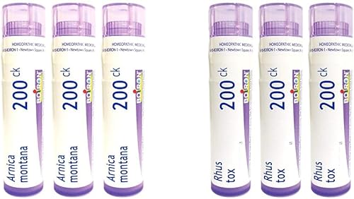 Boiron Arnica Montana homeopática para aliviar el dolor muscular (3 unidades) y Rhus Toxicodendron para aliviar el dolor articular (3 unidades)
