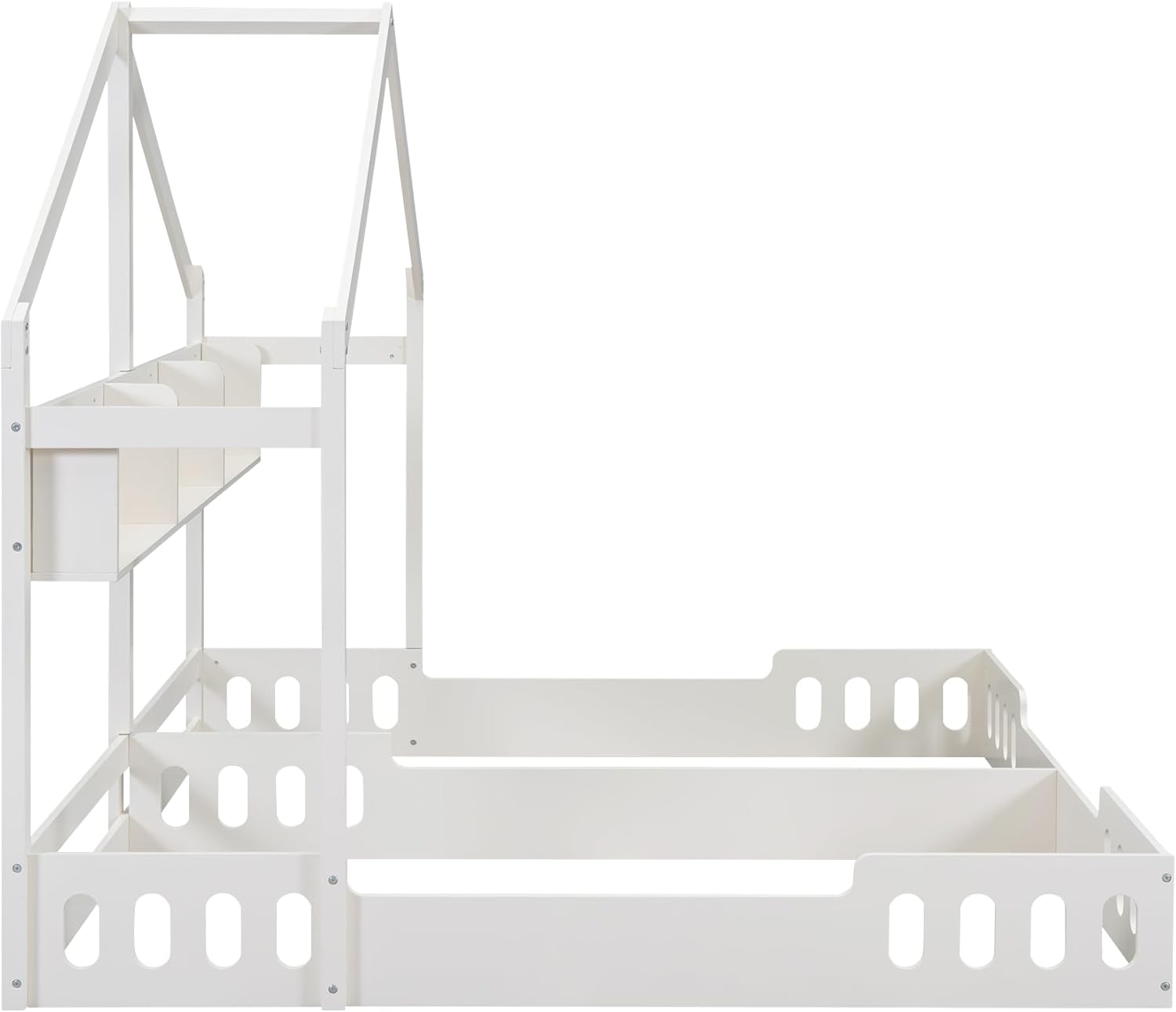 Harper & Bright Designs Twin House Bed for Kids,Wood Double Twin Beds Frame with Shelves and Guardrail, Monressori Floor Bed Two Shared Beds with Rails for Girls or Boys, Creamy White