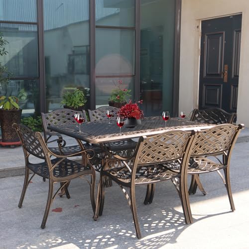 Image of Rectangle Patio Table 59 inch Cast Aluminum Patio Dining Table with 2.56 inch Umbrella Hole, Weather-Resistant Outdoor Dining Table for 6-8 Person, Balcony Garden Table 59 inch x 35.5 inch x 29 inch, Bronze