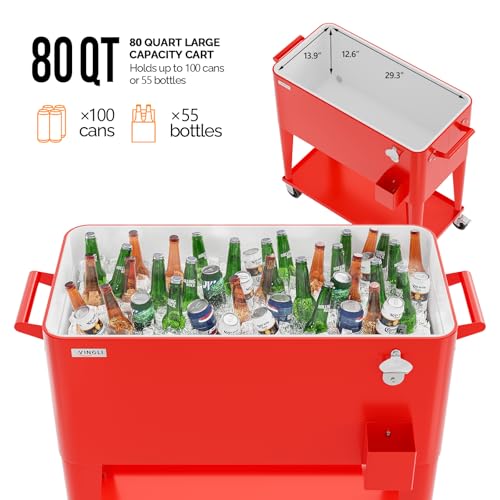 Image of VINGLI Rolling Ice Chest, Portable Patio Party Bar Drink Cooler Cart, with Shelf, Beverage Pool with Bottle Opener