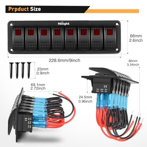 Image of Nilight 8 Gang Rocker Switch Panel SPST On Off Toggle with DIY Label Sticker | 5PIN Electrical 12V /20A 24V /10A Aluminum Plate with Pre-Wired Jumper Wires for LED Light Bar RV Boats 4X4 Cars Red