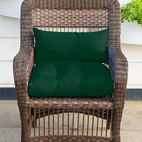 Image of QILLOWAY Outdoor Wicker Cushion Set of 5 - Waterproof Fade Resistant Patio Furniture Cushions, Loveseat 2 U-Shape 2 Lumbar Pillows for Porch, Bench, Backyard, Garden, Mallard,Forest Green