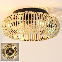 Ventilador Techo Bambu J.SUNUN Ventilador De Techo Con Iluminación Bombilla E27 Decoración de bambú Retro Luz Ajustable De Velocidad Del Viento De 6 Niveles Ventilador Para Sala De Estar Dormitorio Comedor?Sin bombillas?