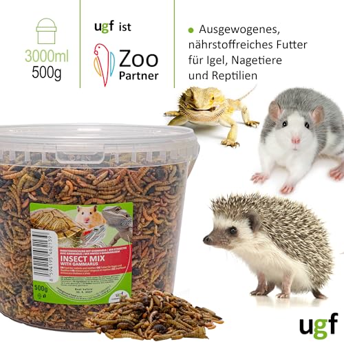 UGF - Insektenmischung mit Gammarus - 500g im 3 Liter Eimer, Igelfutter, Rennmausfutter, Hamsterfutter, Rattenfutter, Eidechsenfutter - Mehlwürmer, Soldatenfliegenlarven, Seidenraupen, Gammarus
