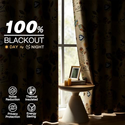 Image of XiDi Kitchen Curtains 45 Inch Length Beige Vintage Boho Blackout Curtains | for Cafe Kitchen Short Grommet Luxury Whimsical Floral Botanical Patterned 45 Inches Long for Living Room Bedroom 52x45
