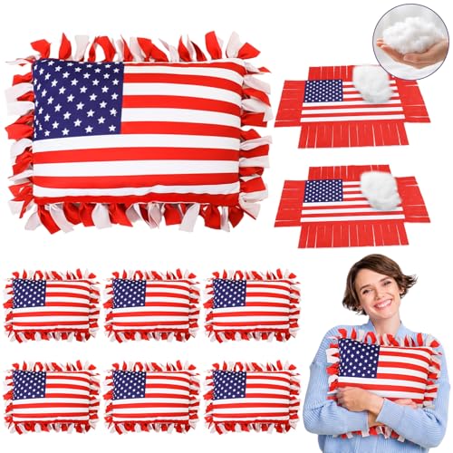 Chunful 6 Sets Independence Day USA 4th of July American Flag Fleece Tied Pillow Craft Kits DIY Patriotic 250th Flag Shaped Fleece Tied Pillow Craft for Fourth of July Memorial Day Decor Party Favor