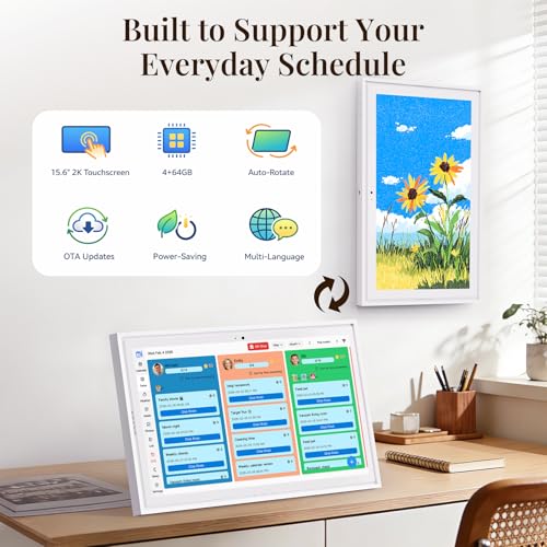 Image of 15.6 inch Electronic Wall Calendar & Digital Family Planner, 2K Smart Touchscreen Display with Video Call, Chore Chart & Shared Family Schedule, 4+64GB, Wall or Desk Mount, Interactive Calendar Organizer