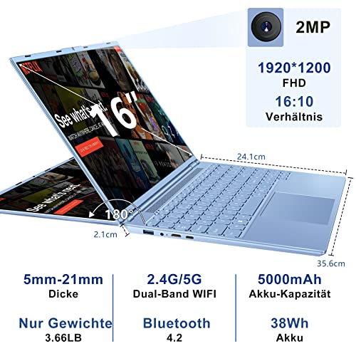AOCWEI Laptop 16 Zoll 12GB RAM 512GB ROM Erweiterungen 2,5" 1 TB SSD, Laptop Win 11 mit 4-Core CPU N5095 (bis zu 2,9 GHz), 1920 * 1200丨5G WiFi丨Bluetooth & Deutsche Tastatur Aufkleber-Blau – Bild 5