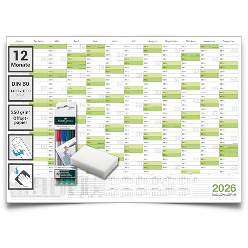 XXL Wandkalender 2026 abwischbar DIN B0 (140 x 100 cm) Jahresplaner inkl. 4 Marker & Schwamm feucht korrigierbar großer Kalender Deutsch von Kalenderoutlet