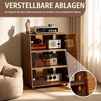 Elancee 4-stufiger Medienständer mit LED-Leuchten, Höhenverstellbares HiFi-Regal mit Sicherheitsglas-Türen und Bremsrollen,Audio Komponentenschrank für Wohnzimmer & Spielzimmer, Braun(65x54x85 cm) – Ansicht 6