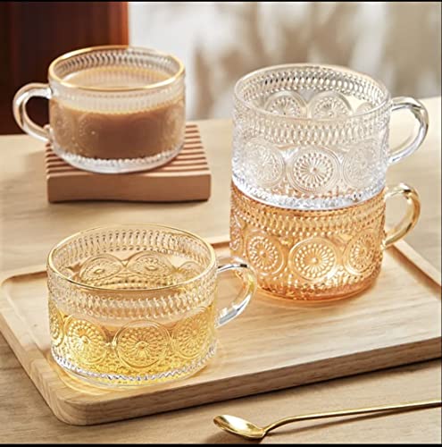 LUECMO Vintage Coffee Tea Cups [2 Pack], 14 oz Glass Tea Coffee Mugs, Clear Embossed Glass Cups for Cappuccino, Latte,Cereal, Yogurt, Beverage (Transparent) - Thumbnail 6