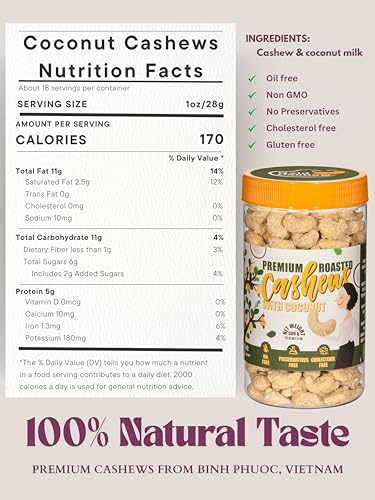 Image of Cashews Roasted Lightly Salted - Snacks for Adults, Whole Nut (No Mixed), Oil Free, Farm Fresh, Plant Based Protein, Promote Heart Health & Weight Loss, Only Nuts & Sea Salt, 17.64 oz (Pack of 1) (Coconut)