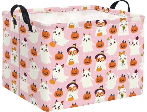 Image of Halloween Basket Cute Baskets for Kids Pumpkin Basket Rectangular Storage Bin Organizer Box Room Decor(Pink Pumpkin Ghost)