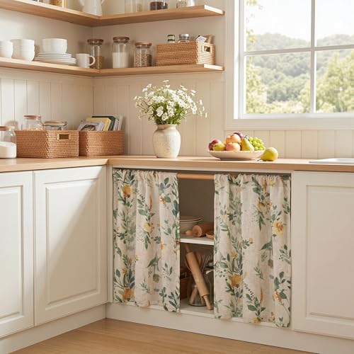Image of MYSKY HOME Floral Kitchen Curtains 24 Inches Linen Tier Curtains 2 Panesl | Farmhouse Green Flower Patterned Small Window Treatments Airy Light Filtering Rod Pocket for Living Room Bathroom, Each 26 inch W