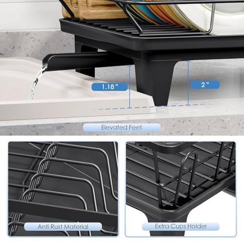 Image of JD FRESH Dish Drying Rack with Drainer Tray | Steel Bartan Stand for Kitchen | Anti-Rust, Smart Drain Outlet | Detachable Cutlery Holder | Countertop Utensils Organizer | Black (42x32x13 CM)