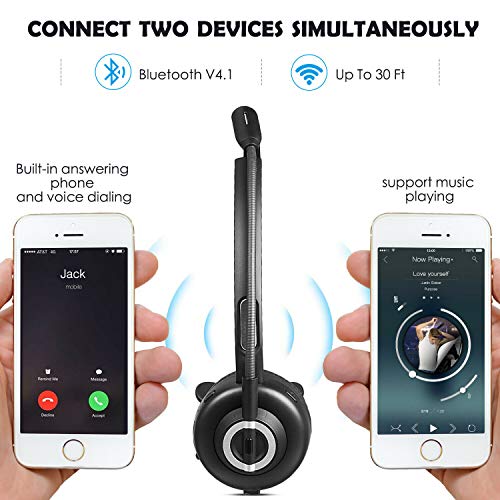 Friencity Trucker Bluetooth Headset For Cell Phones, Wireless Office Headset With Noise Cancelling Microphone, On Ear Headphones For Pc Skype Call Center, Charging Base,17H Talk Time, Mute Button #TOP4