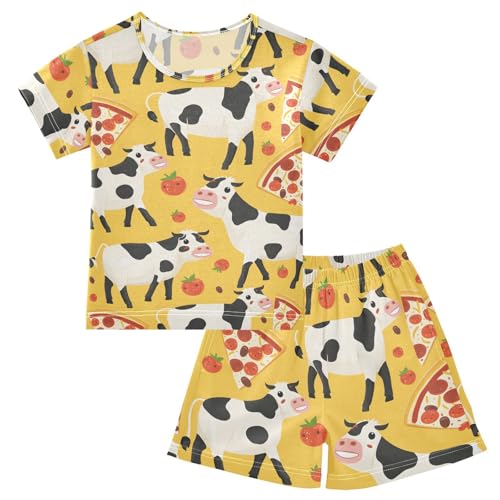 ALAZA Cow Pizza Tomato Yellow Pajamas Short Sleeve 2 Piece Sleepwear Top and Bottom Pajama Set Unisex