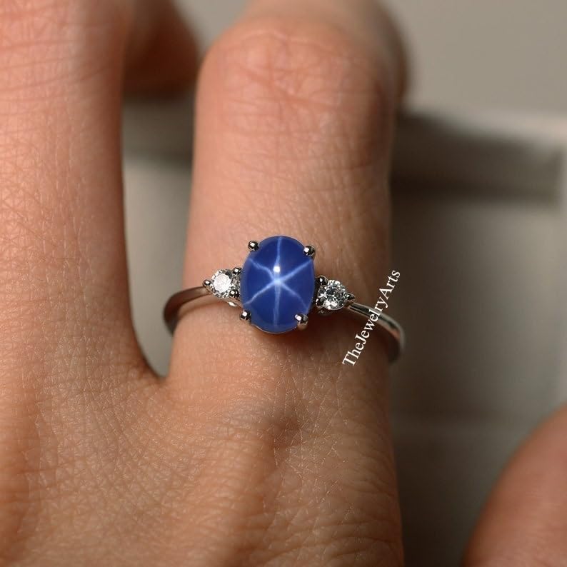 Blue Star Sapphire Ring, 6-Ray Star Engagement & Promise Ring, 925 Sterling Silver Statement Ring for Women