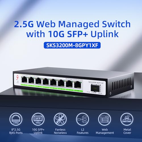 Image of 8 Port 2.5G Web Managed Ethernet Switch with 10G SFP+, Support LACP /VLAN /QoS /STP /IGMP, 2.5 Gigabit Network Switch for PC /NAS /AP, Metal Housing Fanless Ethernet Hub, Desktop /Wall-Mount