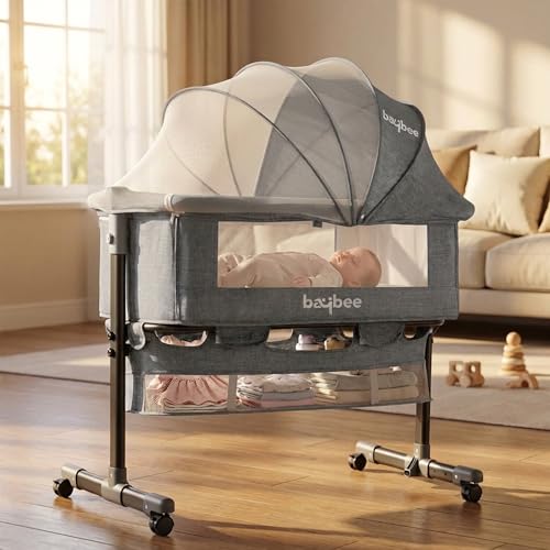 Baybee Baby Crib Bassinet Bedside Sleeper | 4 Adjustable Height Cosleeper for Portable Cradle Newborn Infant Swing with Rocking Mode Mosquito Net Storage Basket Wheels (New Grey)