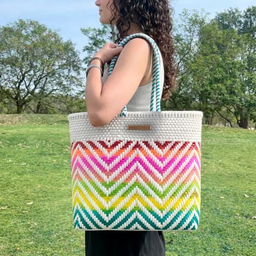 Image of MARIA VICTORIA Handwoven Plastic Mexican Tote Bag Large For Women, Waterproof, Lightweight, Multi-Color Design, Perfect for the Beach, Shopping, and Everyday Use, Ritmo Large